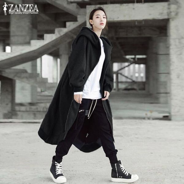 

winter women hooded coats jackets 2020 zanzea female long sleeve zip long jackets parka outerwear plus size windbreakers, Black;brown