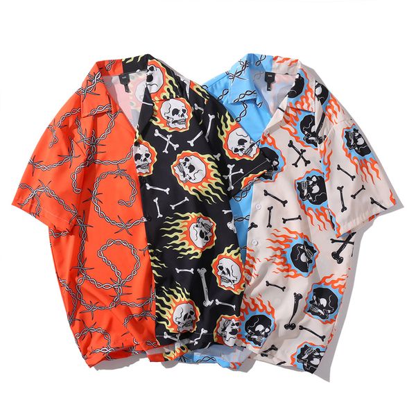 Camicie Hip Hop da uomo Streetwea Hawaiian Fire Skull Chain Haruku Beach Shirt Top estivi Manica corta