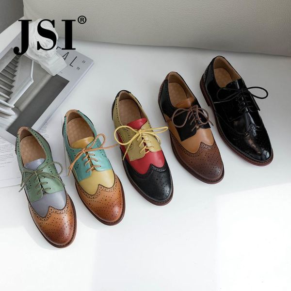 

jsi 2020 high-quality genuine leather woman brogue casual lace-up basic flats fashion low heels cross-tied breathable jo251, Black