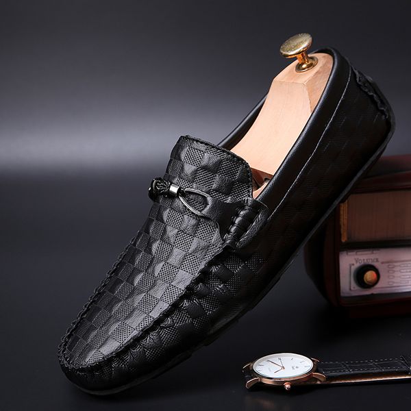 

checkered loafers men's leather shoes luxury moccasin driving shoes comfortable business leather loafers, Black