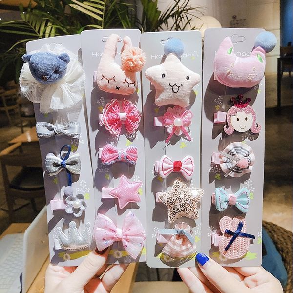 

korean style children's hairpin set cute baby headdress headdress cartoon full bag cloth hairpin side clip small accessories girl, Slivery;white