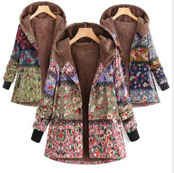 

wholesale fashion style women's spring and autumn new style cotton and linen printing plus velvet thick cotton jacket, Black