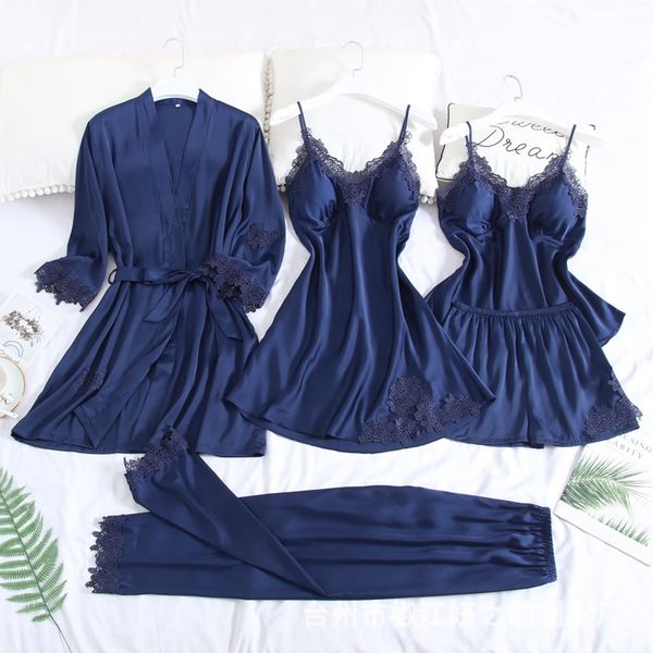 

korean style summer pajamas set home clothes set five-piece suit ice silk autumn size sling pajamas imitation silk home clothes suit, Blue;red