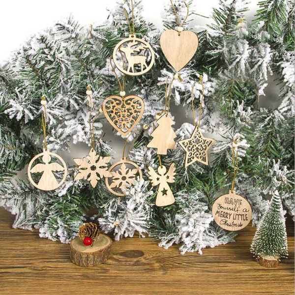 

12pcs christmas decoration wooden snowflake christmas tree angel trojan natural wooden diy tree hanging ornaments