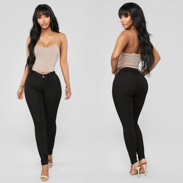 

qmgood jeans women high waist stretch skinny denim slim pencil trousers women lady plus size skinny denim pants black blue