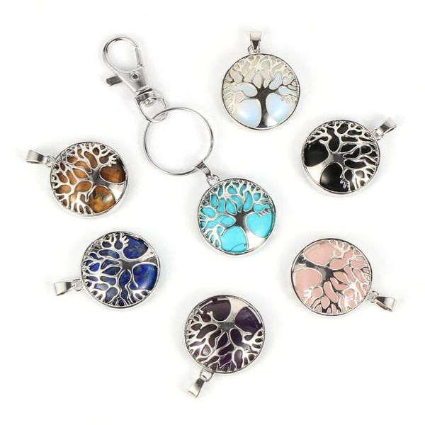

natural gem stone tree of life pendant keyring tiger eye amethysts onyx alloy edging key chain silver color keychains jewelry