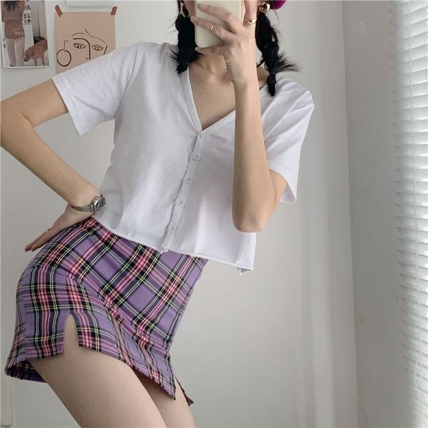 

deeptown white shirts women cotton women 2020 summer vogue woman shirts v-neck short sleeve streetwear cropped top