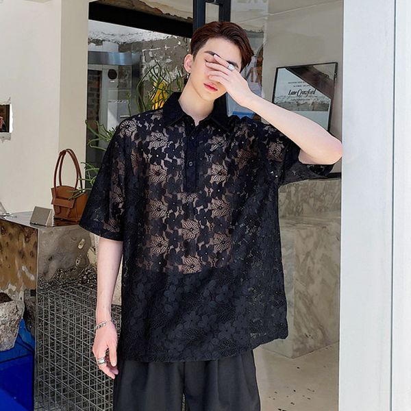 

male streetwear retro loose dress shirts men lace casual short sleeve translucent thin pullover shirt stage clothing, White;black