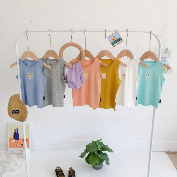 

детские модальные печататься летними мальчики и девочки мягкой вискозы топ жилет жилет мультфильм напечатаны прохладный сверху, Blue