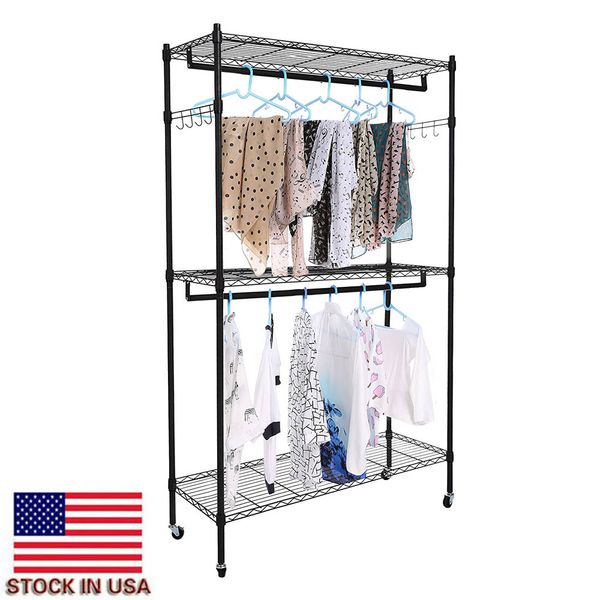 

2tier rod closet organizer garment black rack bedroom easy to install clothes storage hanger shelf hooks us stock