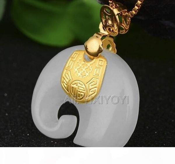 

natural white hetian jade + 18k solid gold inlaid chinese cute elephant amulet lucky pendant + necklace jewelry certificate y19052301, Silver
