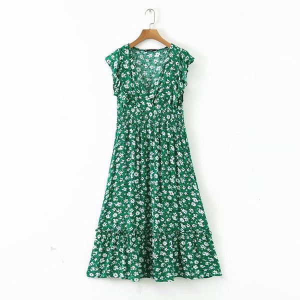 

women v neck flower print ruffles green midi dress elegant shrink fold design vestidos chic brand party dresses, Black;gray