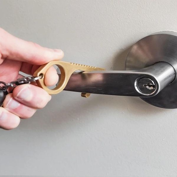 

door closer non-contact handheld brass edc keychain tool offering non-contact door opener hook & stylus utlity tool