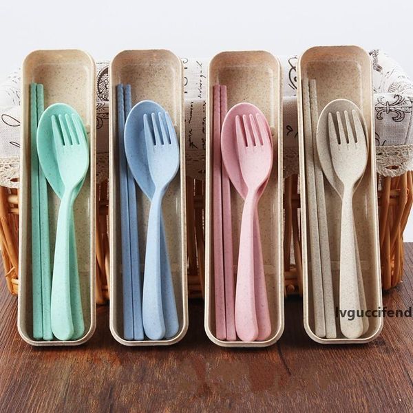 

portable plastic tableware plastic spoon fork chopsticks set new design eco-friendly 4 colors reusable wheat straw plastic cutlery