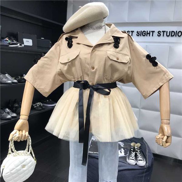 

2020 women two piece outfits sequined embroidery half sleeve khaki jacket blouse + lace-up patchwork tulle tutu mesh skirt set, White
