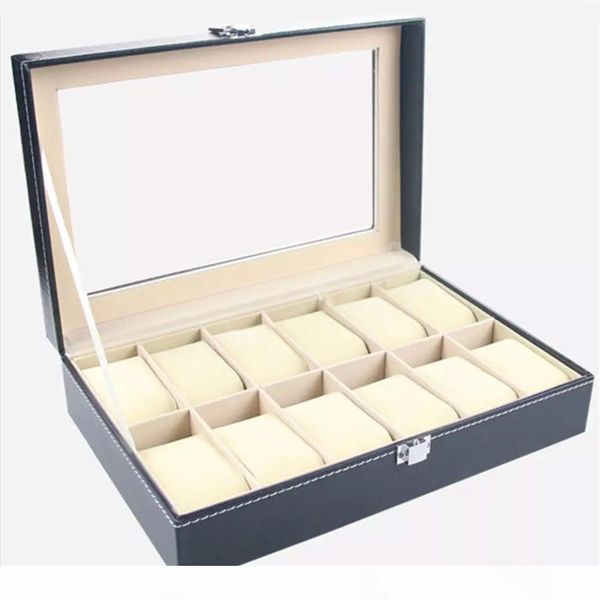 

faux leather watch box display case organizer 12 slots jewelry storage box, Black;blue