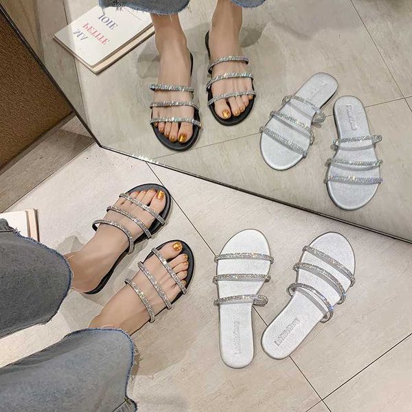 

shoes ladies' slippers cross-tied luxury slides jelly flip flops slipers women designer glitter 2020 flat pu crystal rubber, Black