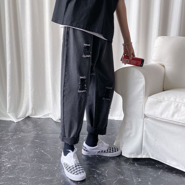 

spring summer ripped jeans men's fashion washed retro casual straight jeans men streetwear loose hip hop hole denim trousers, Blue
