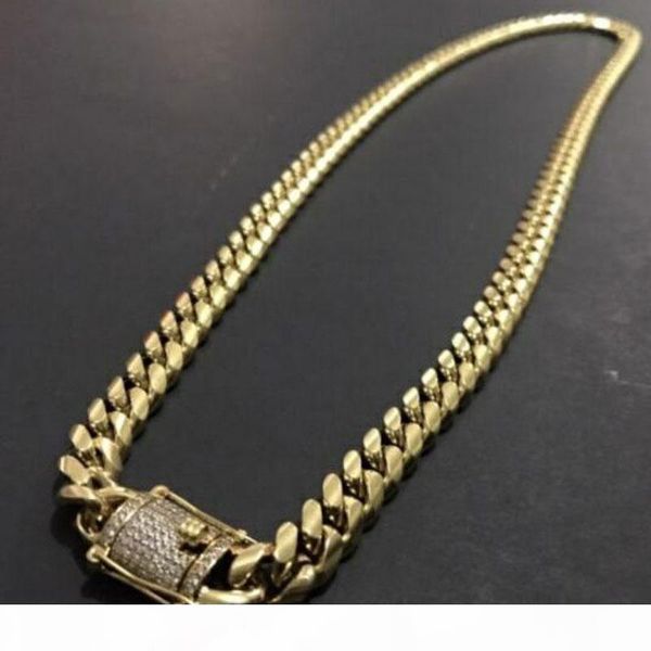 

cool mens chain 18k gold plated tone stainless steel necklace curb cuban link chain with diamond keylock hip hop jewelry, Silver