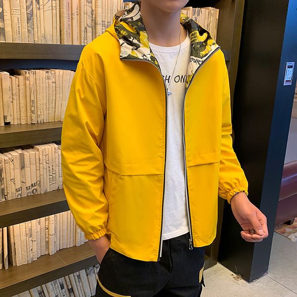 

reversible jacket men casual hooded coat male spring autumn mens windbreaker jackets solid camouflage zipper tour veste homme, Black;brown