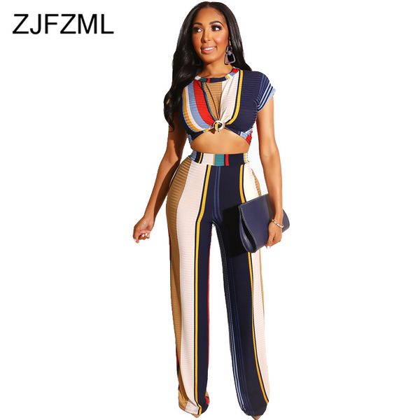 

радуга полосатый sexy 2 two piece set женщины tracksuit o шеи с коротким рукавом crop top и wide leg pant плюс размер нижнее sweatsuit, White