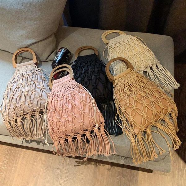 

hollow tassel rattan bags handmade wood handle womens handbags woven rope straw bag casual totes summer beach purse shopping sac