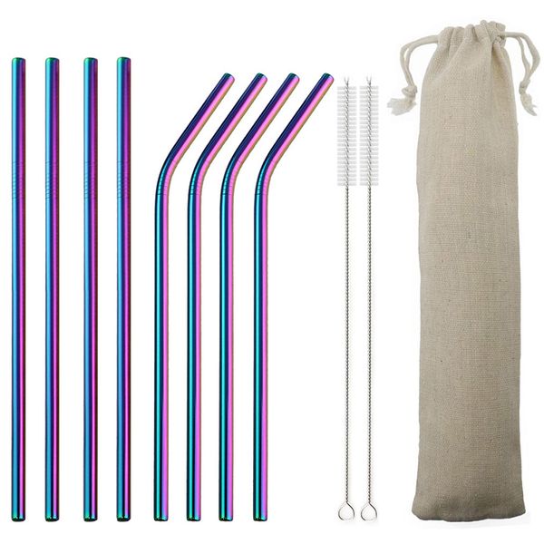 

8*215mm 304 Stainless Steel Straw Bend And Straight Reusable Colorful Straw Drinking Straws Metal Straw Cleaner Brush Bar Drinking Tool