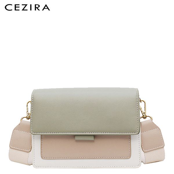 

cezira fashion contrast color pu leather handbag for women wide strap chain shoulder bag female flap crossbody messenger bag sac