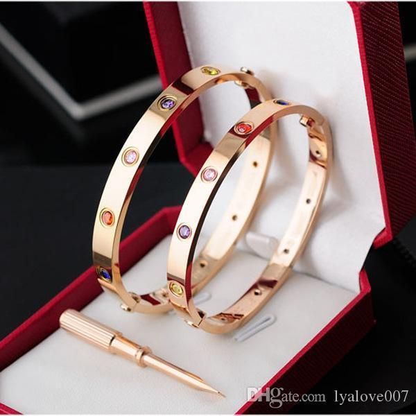 

stainless steel colorful crystal love bracelets for women rose gold silver screwdriver screw men bracelets bangles pulseiras couple jewelry, Black