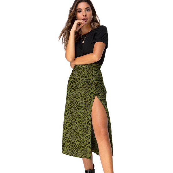 

fashion leopard print skirts women high waist midi skirt summer ladies split wrap skirt, Black