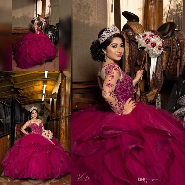 

fuchsia lace beaded quinceanera prom dresses sheer neck long sleeves ruffles tiers tulle ball gown evening party sweet 16 dress, Blue;red