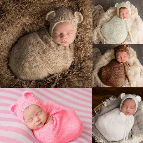 

caps & hats fashion born pography props baby wrap blanket infant costume outfit kids girl boy hat knit mohair po shoot, Yellow