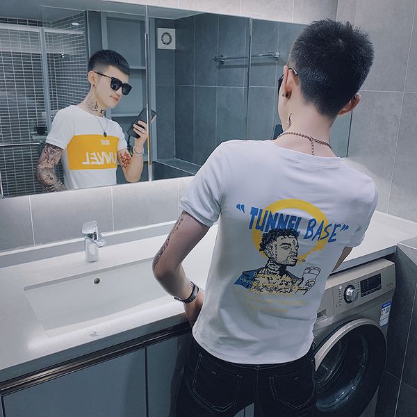 

2020 summer new korean style slim men's animation printing stretch short t-shirt half sleeve undershirt large size youth, White;black