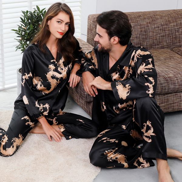 

couple silk pajamas set chinese style long sleeve spinning silk home service men pajamas pajama set men and women, Black;brown