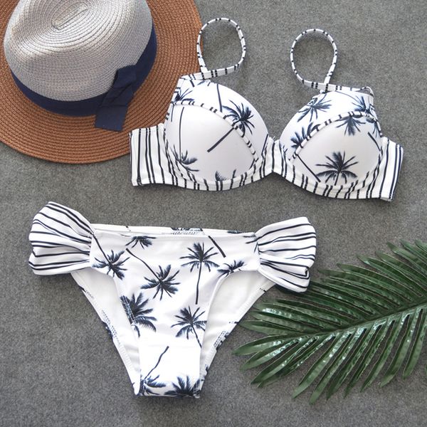 

palm print bikinis women swimsuit low waisted bathing suits 2020 summer striped underwire beach biquini female swimwear, White;black