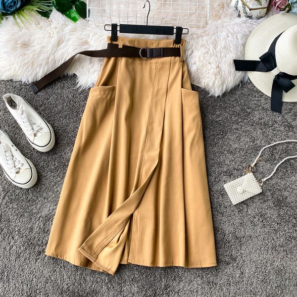 

2020 women high waist a line casual skirts with sashes pockets solid korean style streetwear loose khaki black blue women skirt