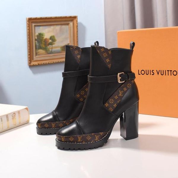 

women shoes chunky heel luxury women fashion boots with box winter leather lady shoes booties bottes femmes star trail ankle boot womens, Black