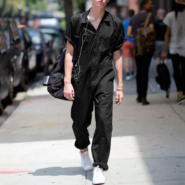 

dungaree jumpsuit mens summer jumpsuits short sleeve buttons playsuits, Black