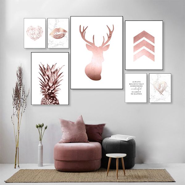 

rose gold lip art poster deer abstract painting canvas prints geometry wall art picture nordic wall pictures living room decor