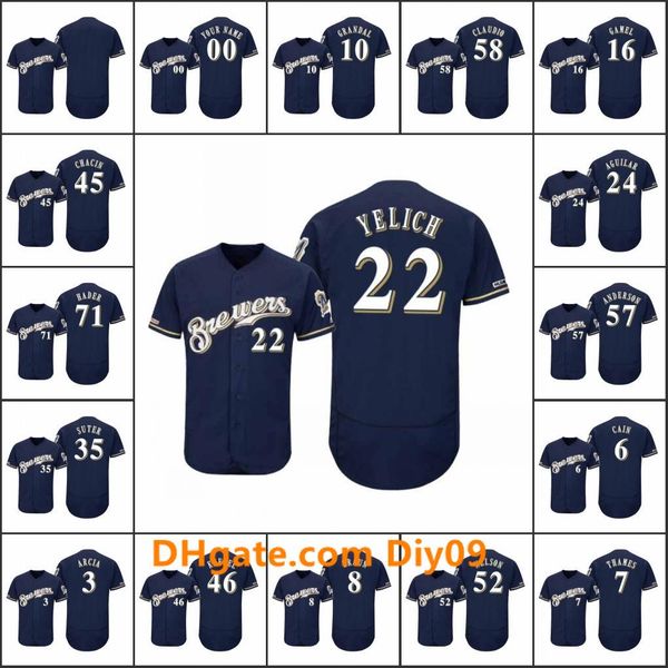 

milwaukee brewers men #22 christian yelich 8 ryan braun 3 orlando arcia women youth authentic flex base navy custom jersey, Black