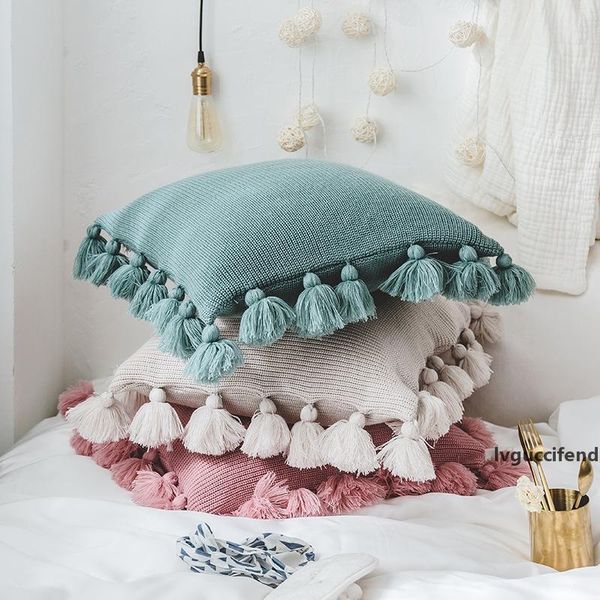 

fashion new plain knitted fringe pillow cushion cover popular tassel decoration home decoration travel car hold pillowcase holiday gift