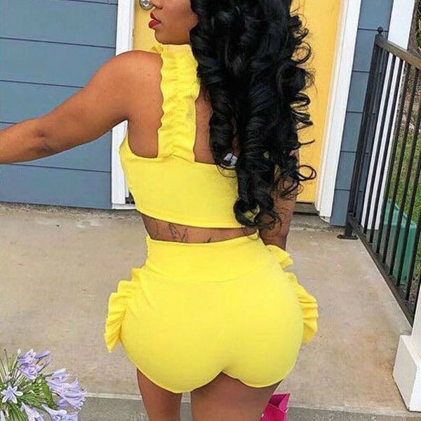 

2pcs shorts set fashion women sleeveless ruffle solid color backless crop tank strappy bow shorts casual clothes for lady, Gray