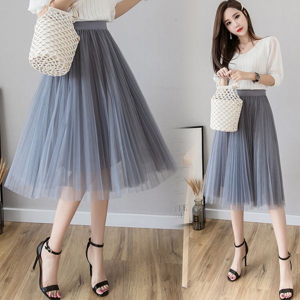 

10 color tulle skirt women 2020 summer a line midi skirts solid elastic high waist tutu pleated skirts for korean knee length, Black