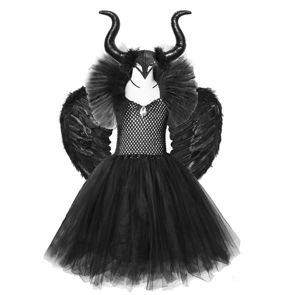 

solid black maleficent halloween costumes v-neck kids ankle dress length for girls cosplay party dresses with horns wings devil t200709, Red;yellow