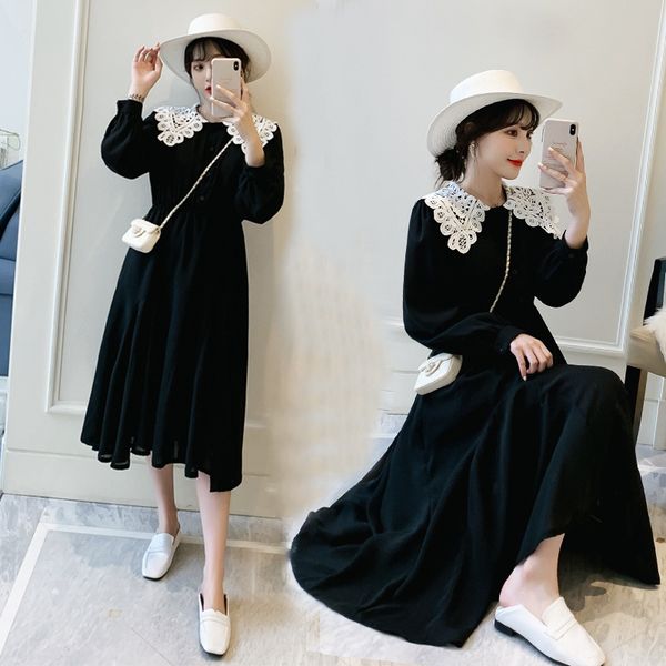 

2020 plus plus size fat mm200 kg autumn wear front open buckle dress lace dress french lace small black skirt mid-length, White;black