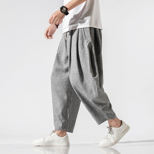 

men's pants men oversize wide leg mens straight casual ankle-length chinese style summer male harem pant, Black