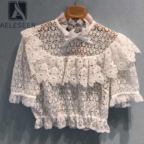 

aeleseen runway мода кружева блуза 2020 высокое качество гофрированные цветок вышивка выдалбливают партии оборками отдыха шорты блуза, White