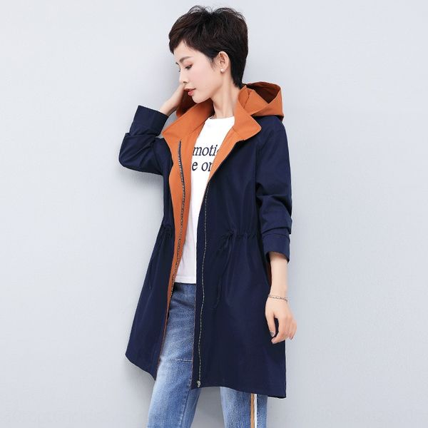 

s74eo 2019 hooded mid-length trench plus fat plus size coat women's color matching women's clothing fat mm casual 7810 windbreaker, Tan;black