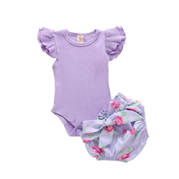 

children's wear infant girls summer bowknot pit strip flying sleeve jumpsuit print floral pack fart shorts set, White