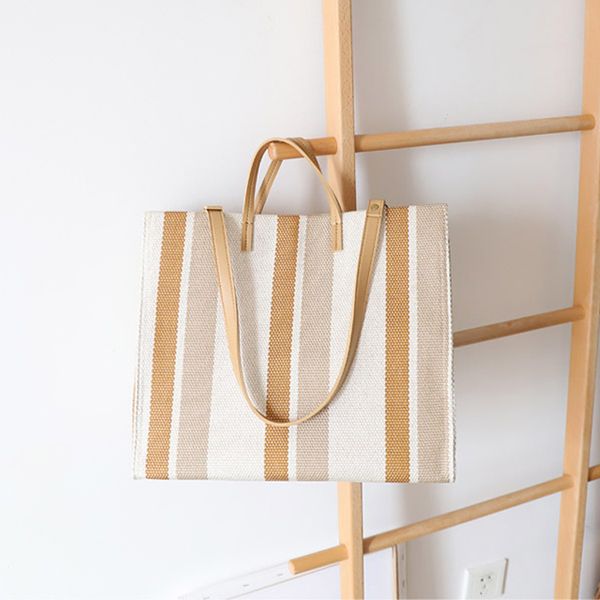 

simple square apricot color stripe canvas women shoulder bag fashion tote bag handbag casual shopping bag
